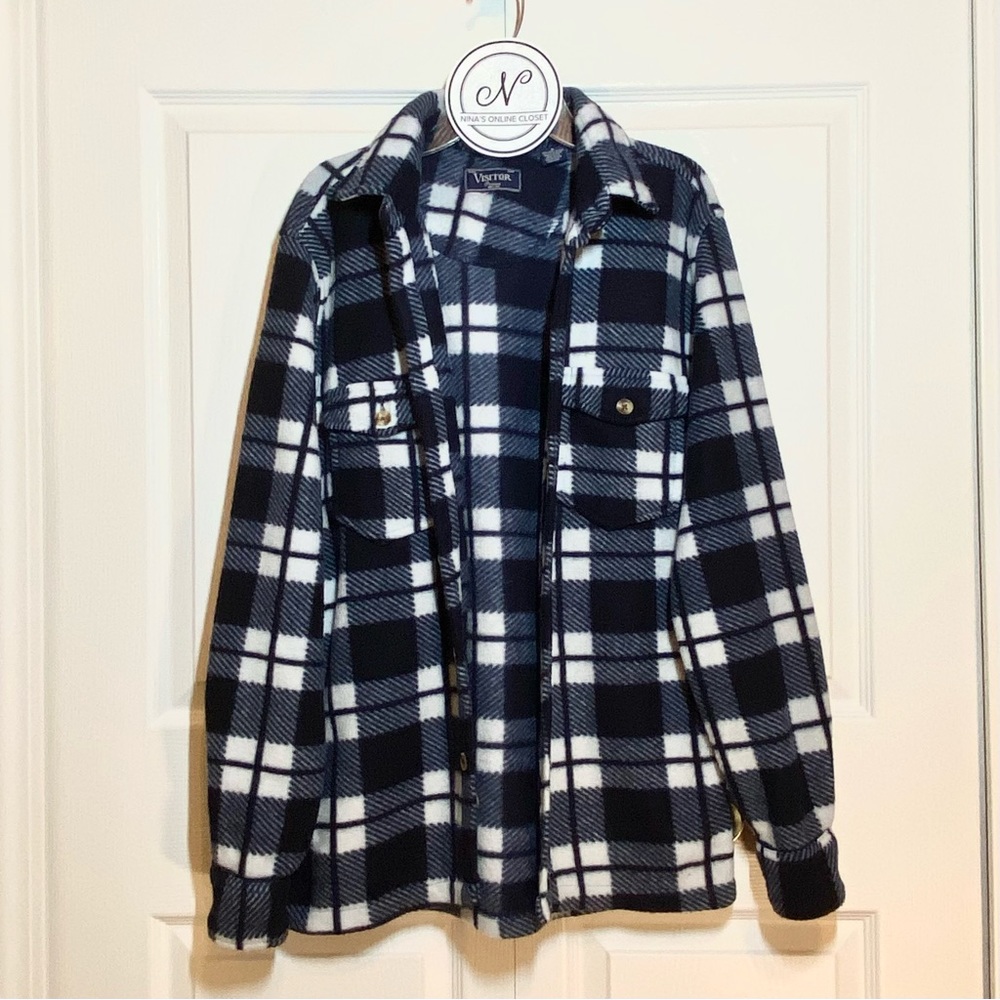 VISITOR Unisex Plaid Flannel Jacket Shirt Long Sleeve Navy Blue/White Size S